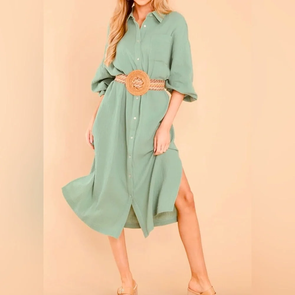 Elegant Green Shirt Dress - Picture 1 of 11